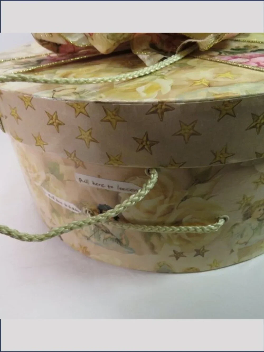 Vintage Cherub Angel Large Round Hat Box Floral Wired Bow Yellow Roses Stars